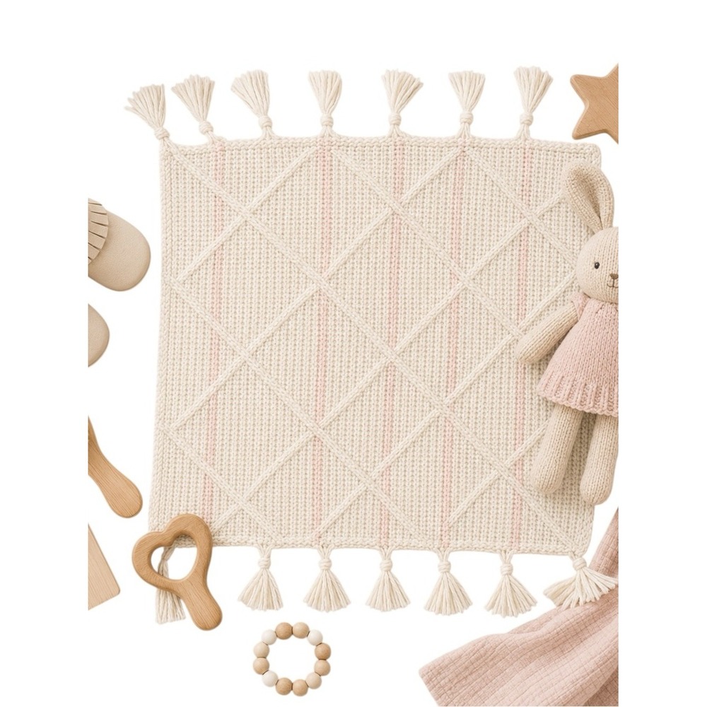 Handmade Cream Pink Knit Baby Blanket Tassel Edge 40x40 Nursery Throw Gift NWOT